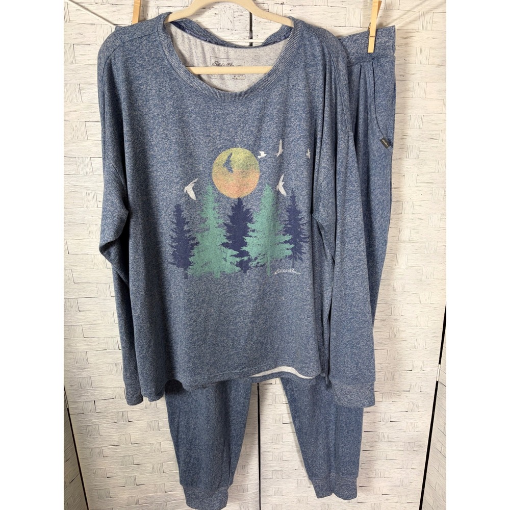 Eddie Bauer Lounge Womens Set Pajamas Blue Heather Trees Moon Jogger Plus size